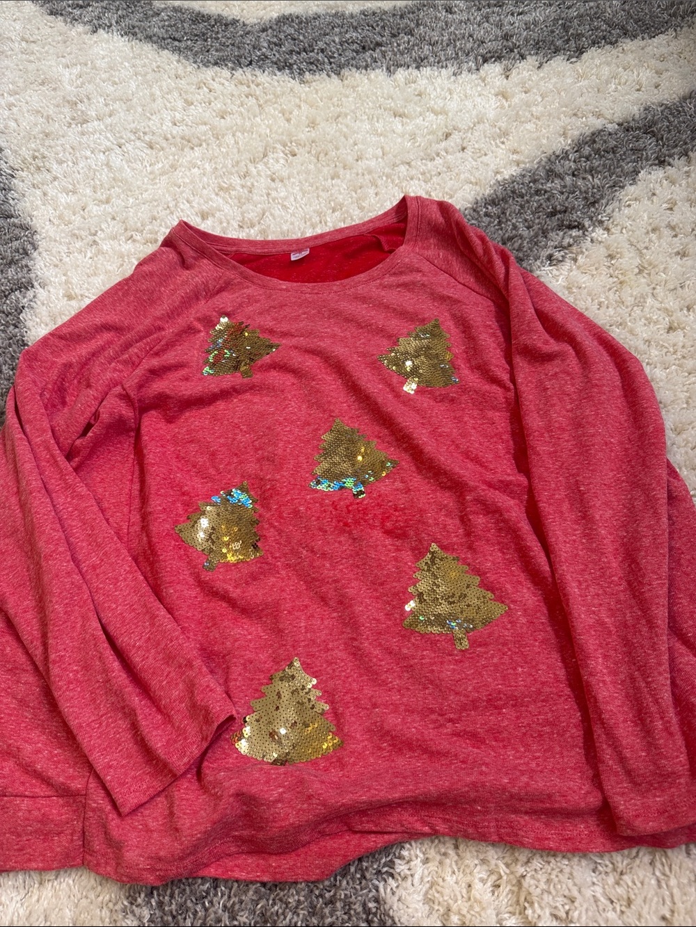 Holiday Time Red Long-Sleeve Top with Gold Sequin Trees